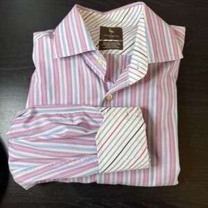 Taylor Byrd Shirt Medium Pink Blue Striped Flip Cuff Button Up Long Sleeve Mens